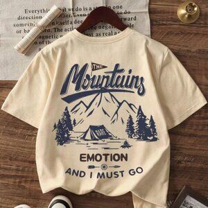 Men's Summer Slogan & Mountains Print Round Neck Short Sleeve Casual T-Shirt